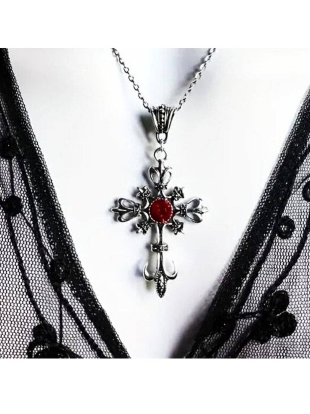 Necklace Ornate Cross Crystal  Vamp Magic Goth Crystal Fleur de lis Spiritual